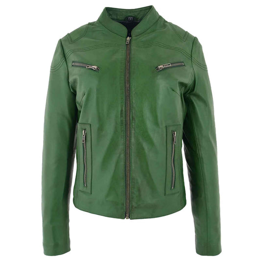 Women’s Real Leather Standing Collar Jacket – Becky Green Classic Fit
