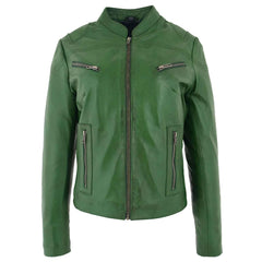 Women’s Real Leather Standing Collar Jacket – Becky Green Classic Fit