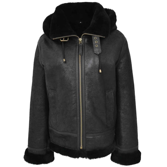 Women's Genuine Sheepskin B3 Bomber Jacket – Naomi Black Hooded Style