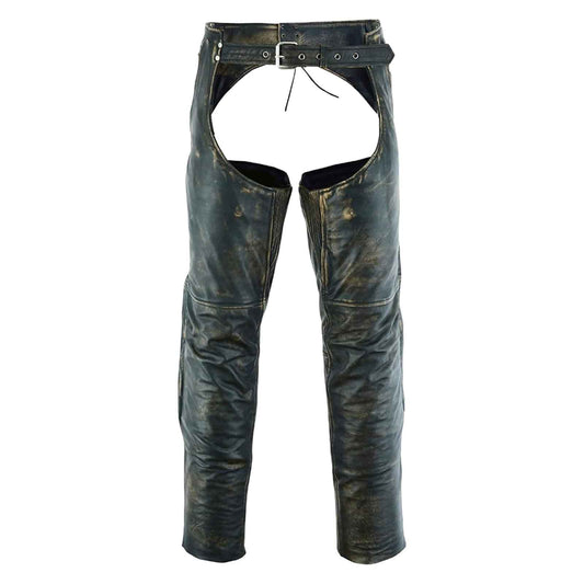 Mens Distressed Brown Leather Motorcycle Chaps with Zip Out Liner - Durable, Adjustable, and Stylish