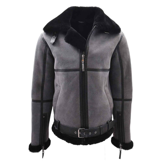 Regals Leather Men’s Grey RAF Sheepskin Bomber Jacket | RAF Aviator Jacket with Black Shearling