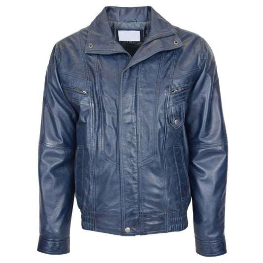 Men’s Leather Bomber Blouson Jacket – Robert Blue Classic Style