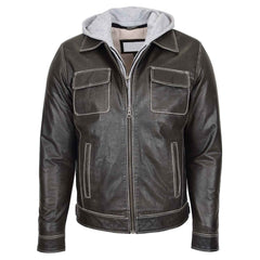 Men’s Leather Work Jacket Cypher Grey with Removable Hoodie | Regals Leather