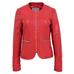 Regals Leather Women’s Red Quilted Collarless Leather Jacket – Joan Slim Fit Biker