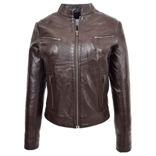 Women’s Real Leather Standing Collar Jacket – Becky Brown Classic Fit