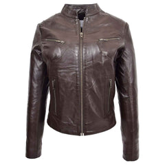 Women’s Real Leather Standing Collar Jacket – Becky Brown Classic Fit