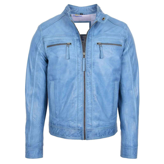 Men’s Sky Blue Leather Cafe Racer Jacket – Charlie Biker Style | Regals Leather