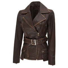 Women's Distressed Brown Asymmetrical Genuine Leather Biker Style Jacket
