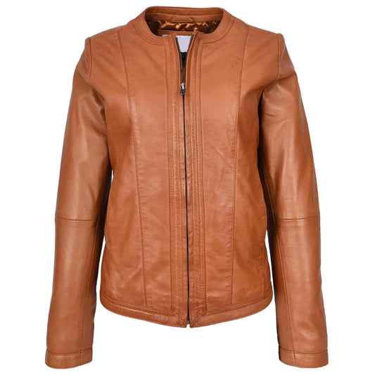 Women's Real Leather Collarless Fashion Jacket Slim Fit Style Clara Tan