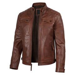Regals Leather Men’s Quilted Biker Jacket – Genuine Cognac Brown Leather