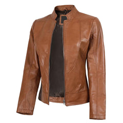 Regals Leather Amy Women's Cafe Racer Tan Brown Real Leather Jacket