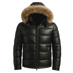 Men’s Genuine Leather Puffer Jacket with Fur Hood – Black Winter Leather Bomber Coat