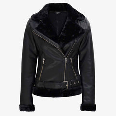 Women's Black Asymmetrical Shearling Real Leather Jacket | Regals Leather