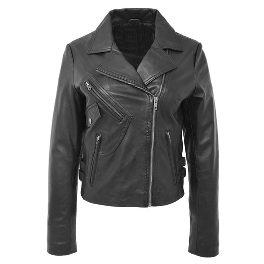 Women’s Black Leather Jacket – Jodie Soft Genuine Nappa with Cross Zip Design