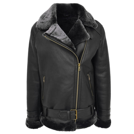 Women's Sheepskin Aviator Pilot Jacket – Lena Black Cross Zip Leather Jacket