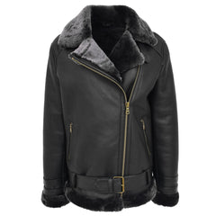 Women's Sheepskin Aviator Pilot Jacket – Lena Black Cross Zip Leather Jacket