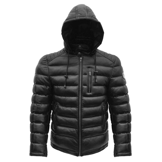 Regals Leather Men’s Waxed Leather Puffer Jacket with Shearling Collar – Winter Coat