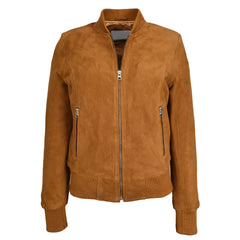 Regals Leather Women's Real Goat Suede Leather Bomber MA-1 Jacket Faye Cognac