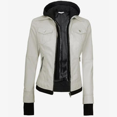 Off-White Lambskin Leather Biker Jacket Removable Hood Thumbhole Women Leather Jacket