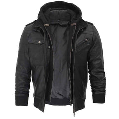 Real Lambskin Men's Black Leather Jacket with Removeable Hood