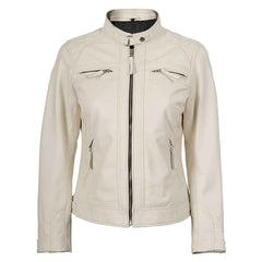 Women’s Off White Quilted Cafe Racer Leather Jacket – Johnson Real Lambskin Biker Coat