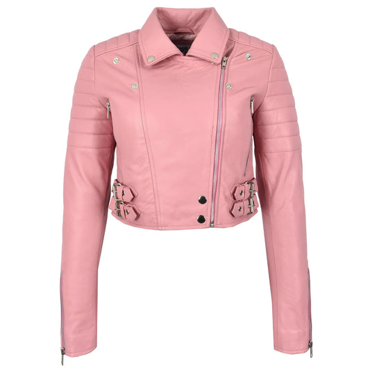 Women’s Cropped Leather Biker Jacket in Demi Baby Pink – Stylish Moto Fit