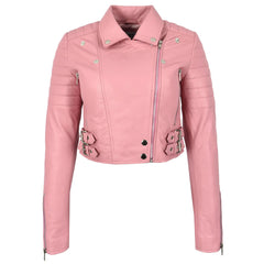 Women’s Cropped Leather Biker Jacket in Demi Baby Pink – Stylish Moto Fit