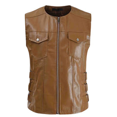 Mens Faux Leather Suit Vest Full Zipper Vintage Slim Fit Waistcoat Vest with Pockets Crewneck Motorcycle Vest Outfits Brown