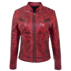 Women’s Burnt Red Leather Jacket – Becky Standing Collar Design
