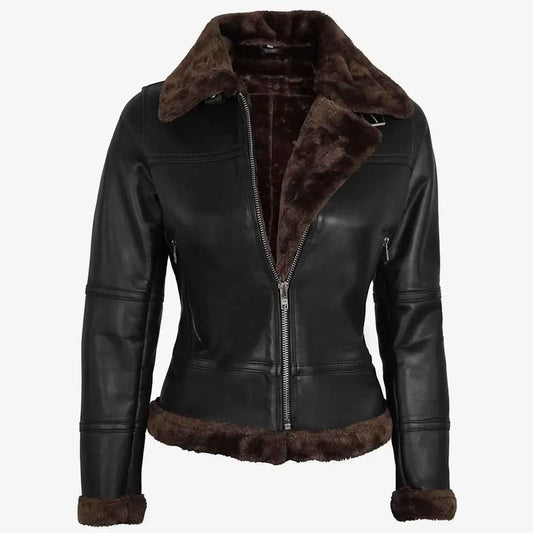 Genuine Leather Shearling Bomber Jacket Women | RAF B3 Aviator Flying Biker Style | Cozy Winter Coat