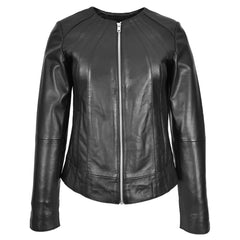 Women’s Real Leather Classic Jacket – Lottie Black Collarless Design