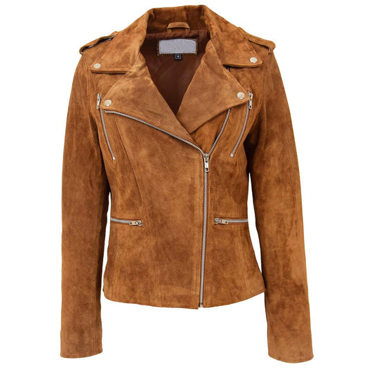 Women's Tan Suede Biker Jacket – Skylar Zip-Up Moto Style Leather Jacket