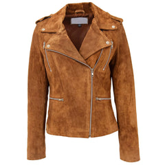 Women's Tan Suede Biker Jacket – Skylar Zip-Up Moto Style Leather Jacket