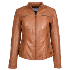 Women’s Soft Tan Leather Biker Jacket – Fitted Quilted Cafe Racer Style | Fiona