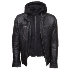 High Quality Men's Black Leather Jacket With Removable Hoodie