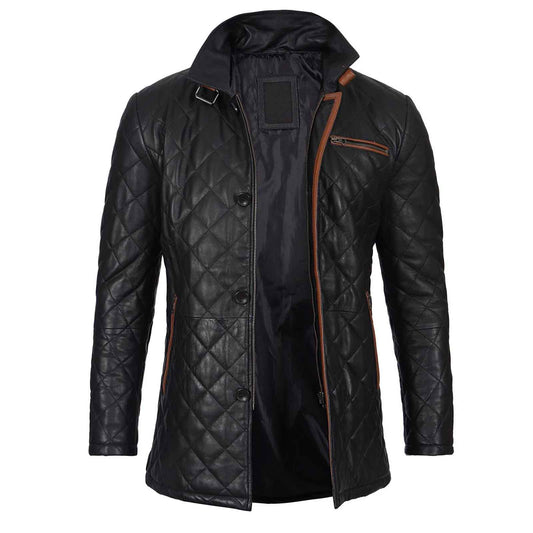 Regals Leather Men's Black Quilted Leather Car Coat - Glen Style - Winter Warm Jacket