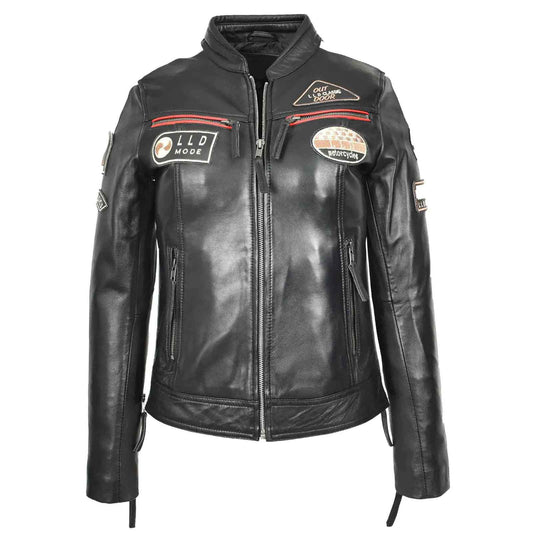 Women’s Black Leather Cafe Racer Biker Jacket – Motorcycle Style with Rosa Badges