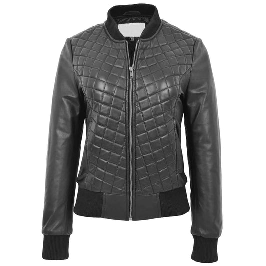 Women's Genuine Leather Quilted Bomber Jacket Sally – Black Varsity Look