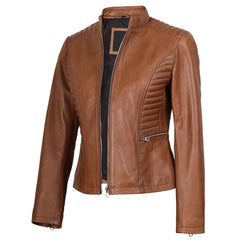 Women’s Tan Real Leather Cafe Racer Jacket – Rachel Biker Style