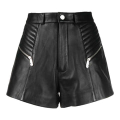 Black Lambskin Front Button & Zip Fastening Belt Loops Leather Short