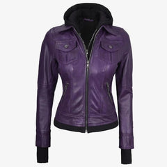 Women’s Purple Lambskin Leather Biker Jacket with Removable Hood & Thumbhole Cuffs