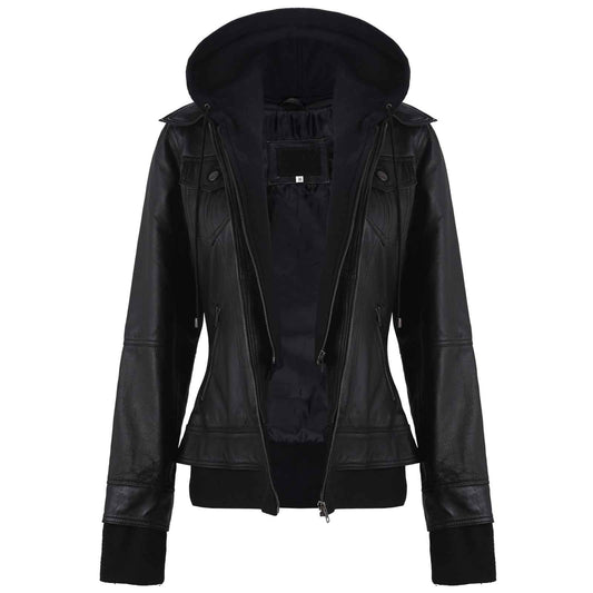 Onyx Women’s Hooded Black Leather Bomber Jacket – Classic Genuine Leather Outerwear for Fall & Winter