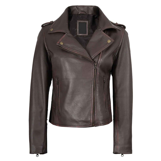 Regals Leather Vintage Women's Dark Brown Asymmetrical Leather Jacket
