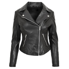 Women’s Real Leather Cross Zip Jacket – Anna Black Classic Biker Design