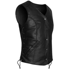 Women's Black Five Snap Leather Motorcycle Vest with Side Laces & Interior Pocket, Classic V-Neck Biker Style Vest