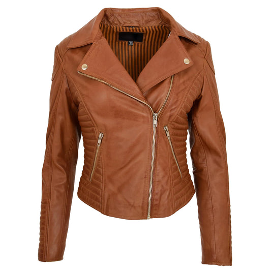 Women’s Soft Lambskin Leather Moto Jacket – Anna Tan Cross Zip Design