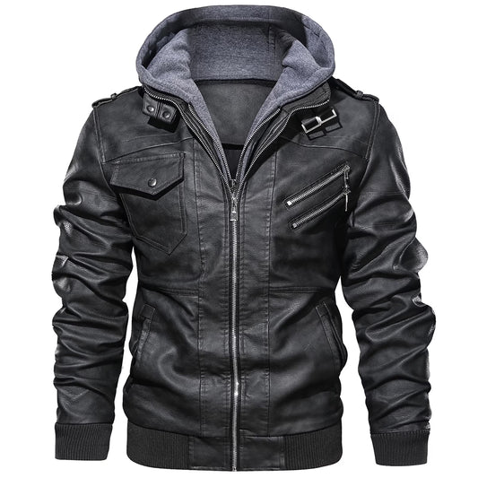 Comfortable Men's Motorcycle Leather Jacket with Removable Hood - Black