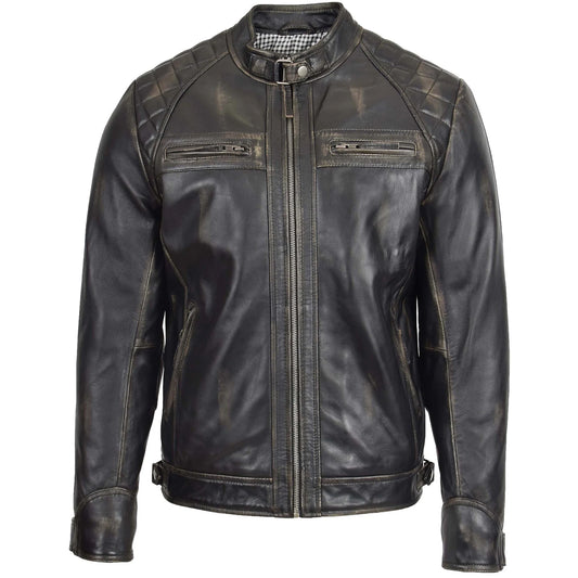 Lightweight Men's Biker Style Leather Jacket Standing Collar Zip Pockets