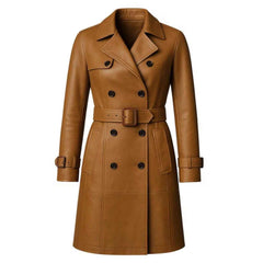 Women’s Genuine Leather Trench Coat – Handmade Long Belted Overcoat, Luxury Classic Outerwear