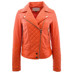 Ziva Orange Women’s Leather Biker Jacket | Quilted Detail Real Leather